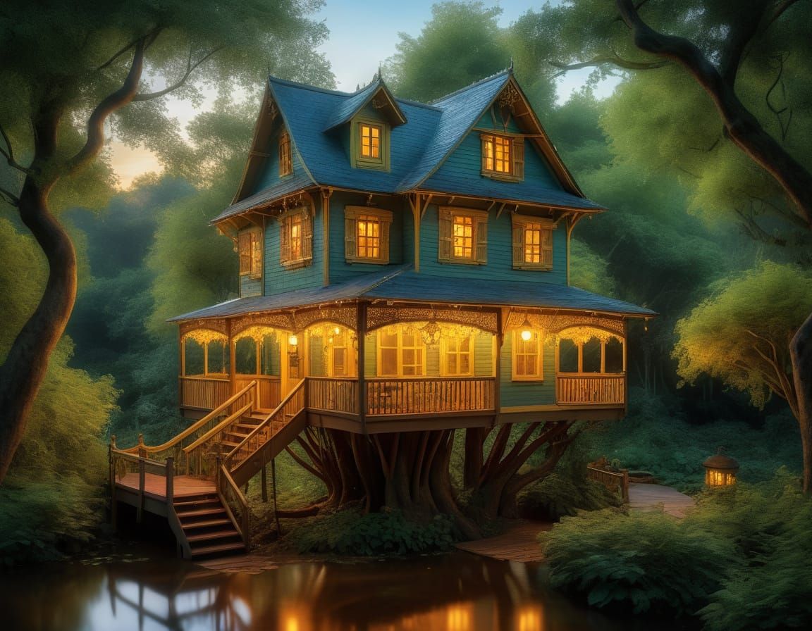 Impressionist Treehouse in a Wild Forest