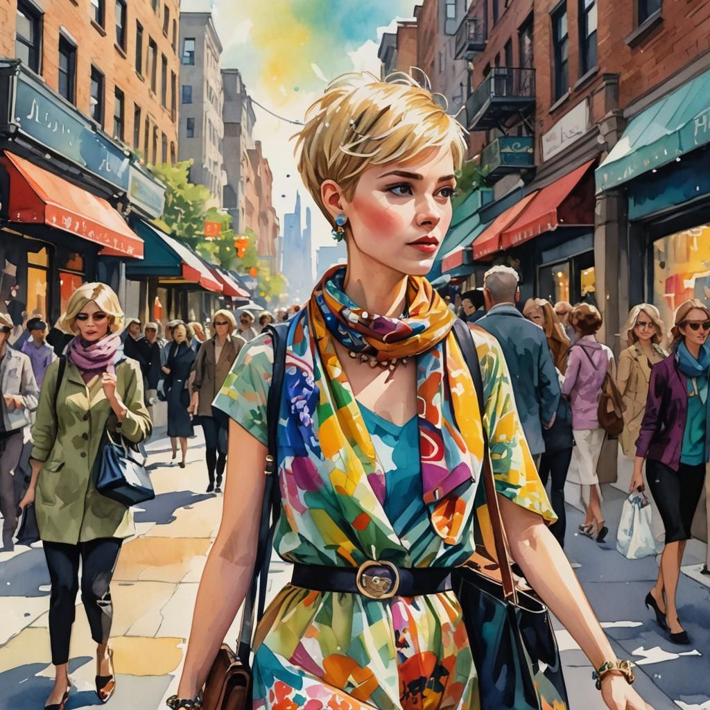 Impressionist Fashion Illustration of Woman in City
