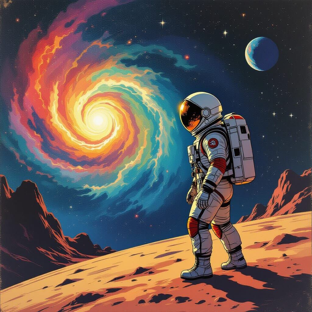 Astronaut Gazes at Nebula in Retro Sci-Fi Style