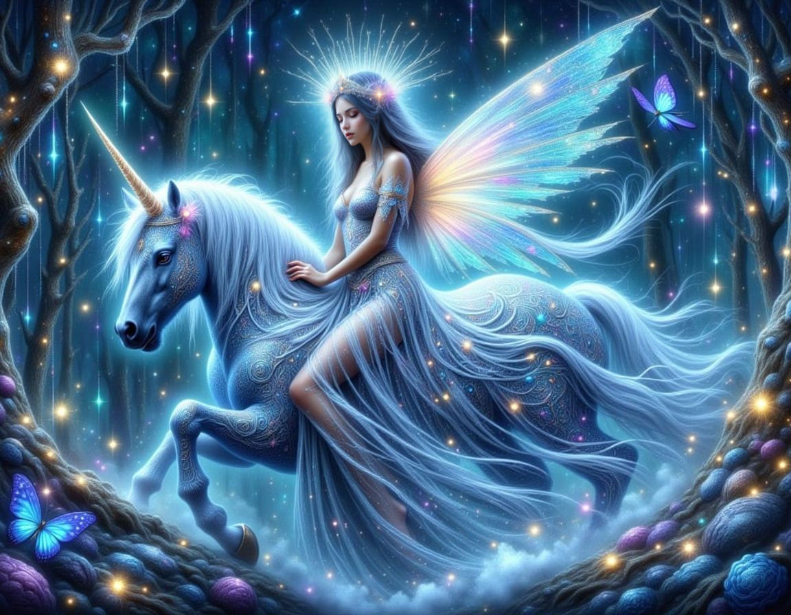 Ethereal Goddess and Unicorn in Bioluminescent Paradise