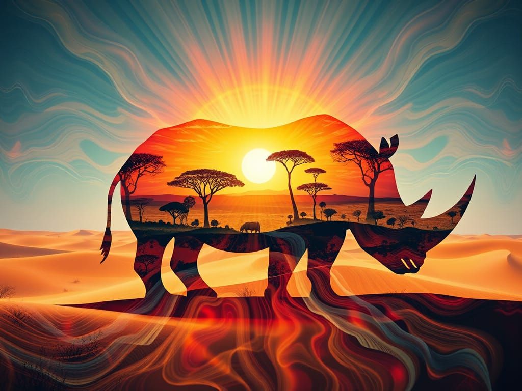 Rhinoceros Silhouette Filled with African Landscapes in Surr...