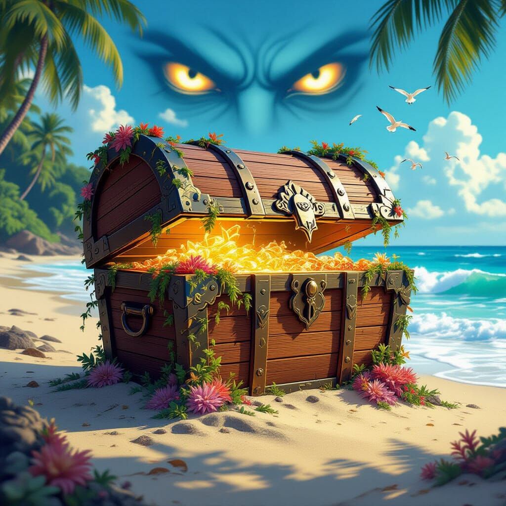 Sunlit Beach Treasure Chest Guarded by Eyes