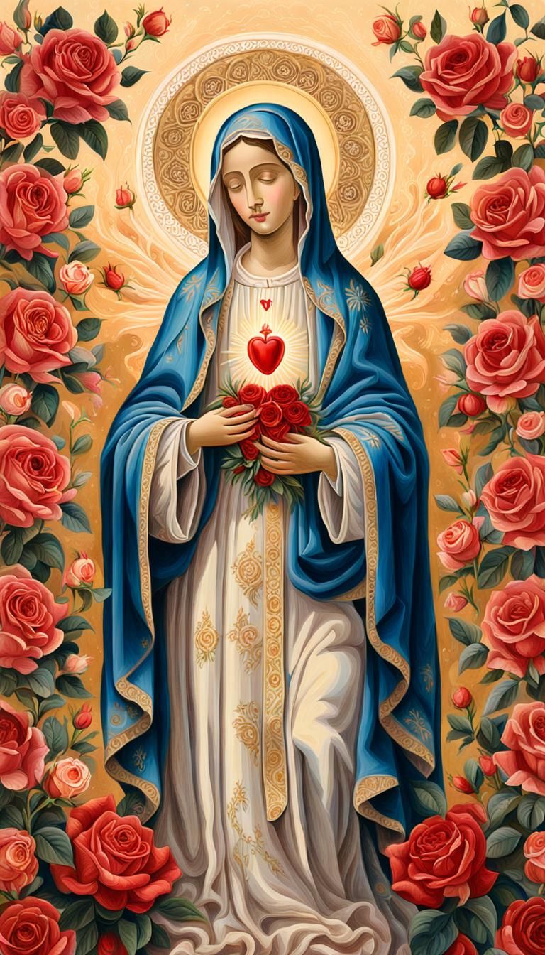 Baroque-Inspired Virgin Mary with Roses and Sacred Heart