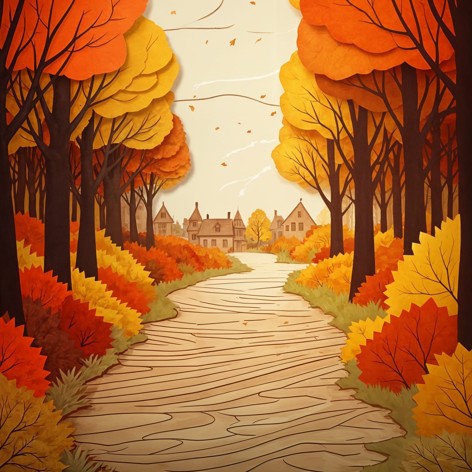 Textured Paper Village Walkway in Autumn