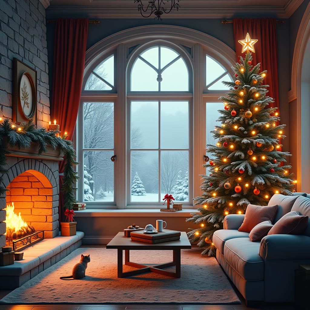Christmas Kitten by Bay Window in Winter Snowfall