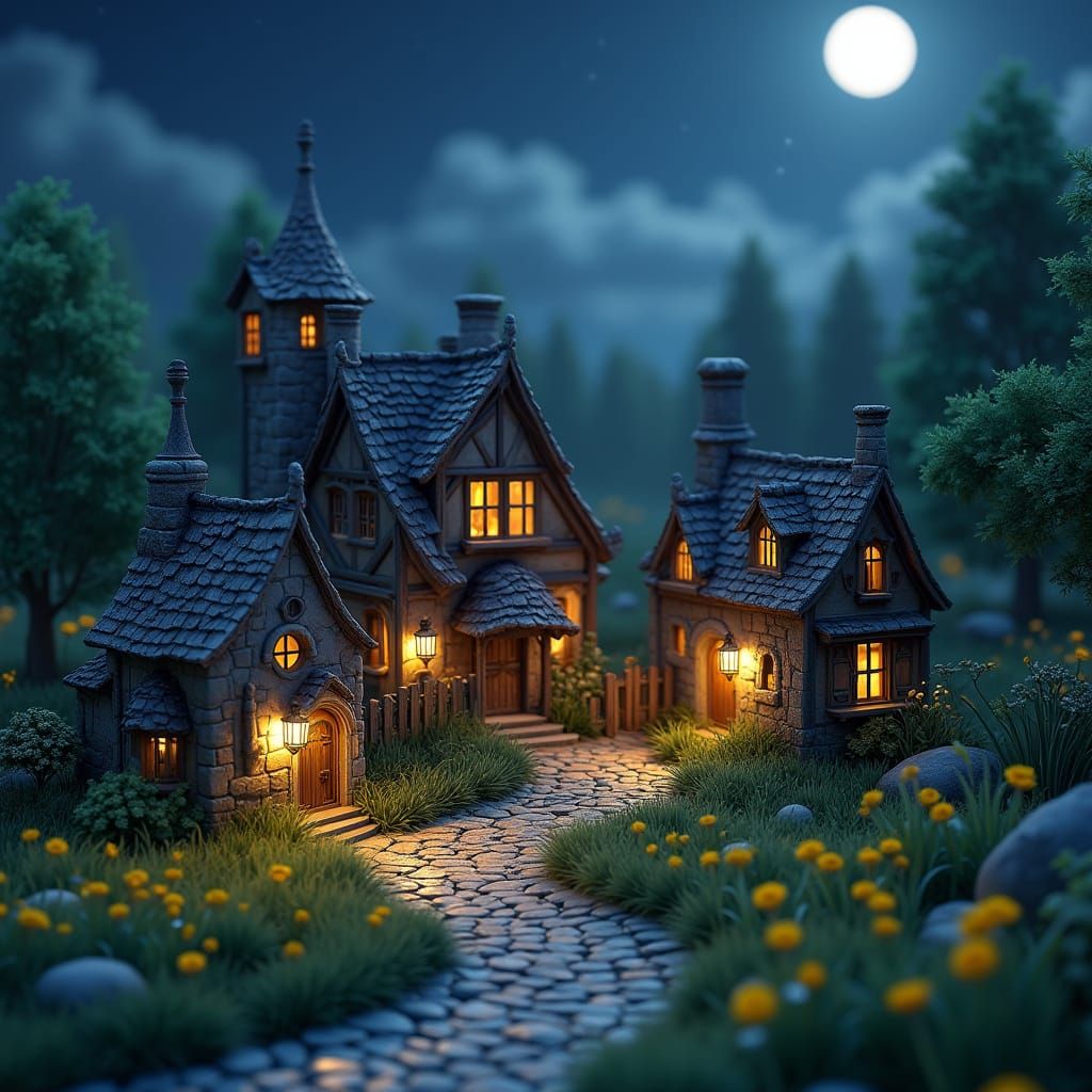 Whimsical Medieval Village Scene Under Starry Skies