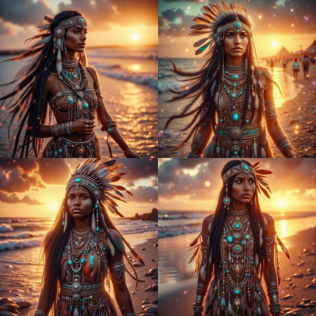A woman in ornate attire stands at the beach during sunset.
