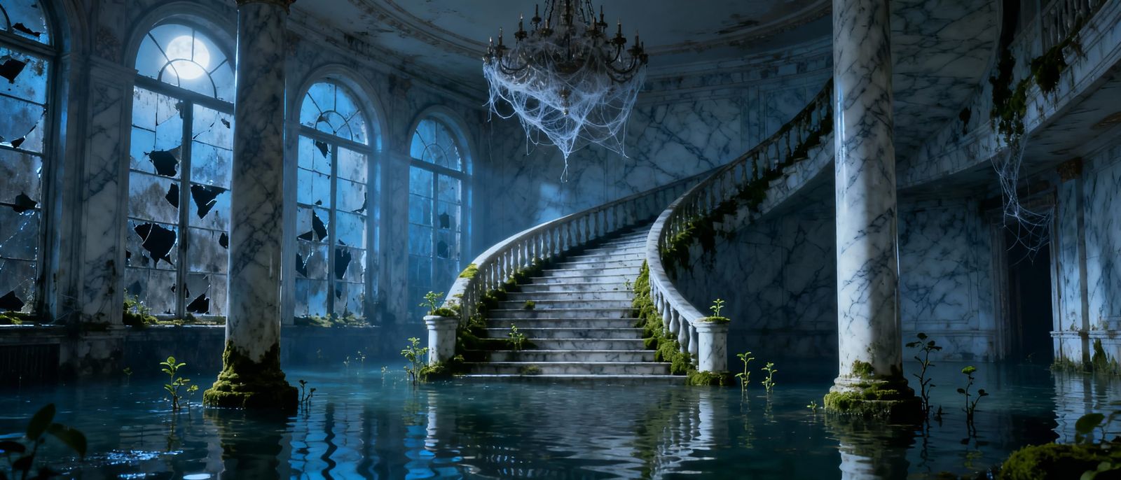 Abandoned Flooded Ballroom with Overgrown Marble Staircase