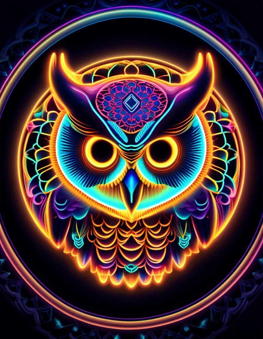 Electric Owl Mandala in Light Art Style