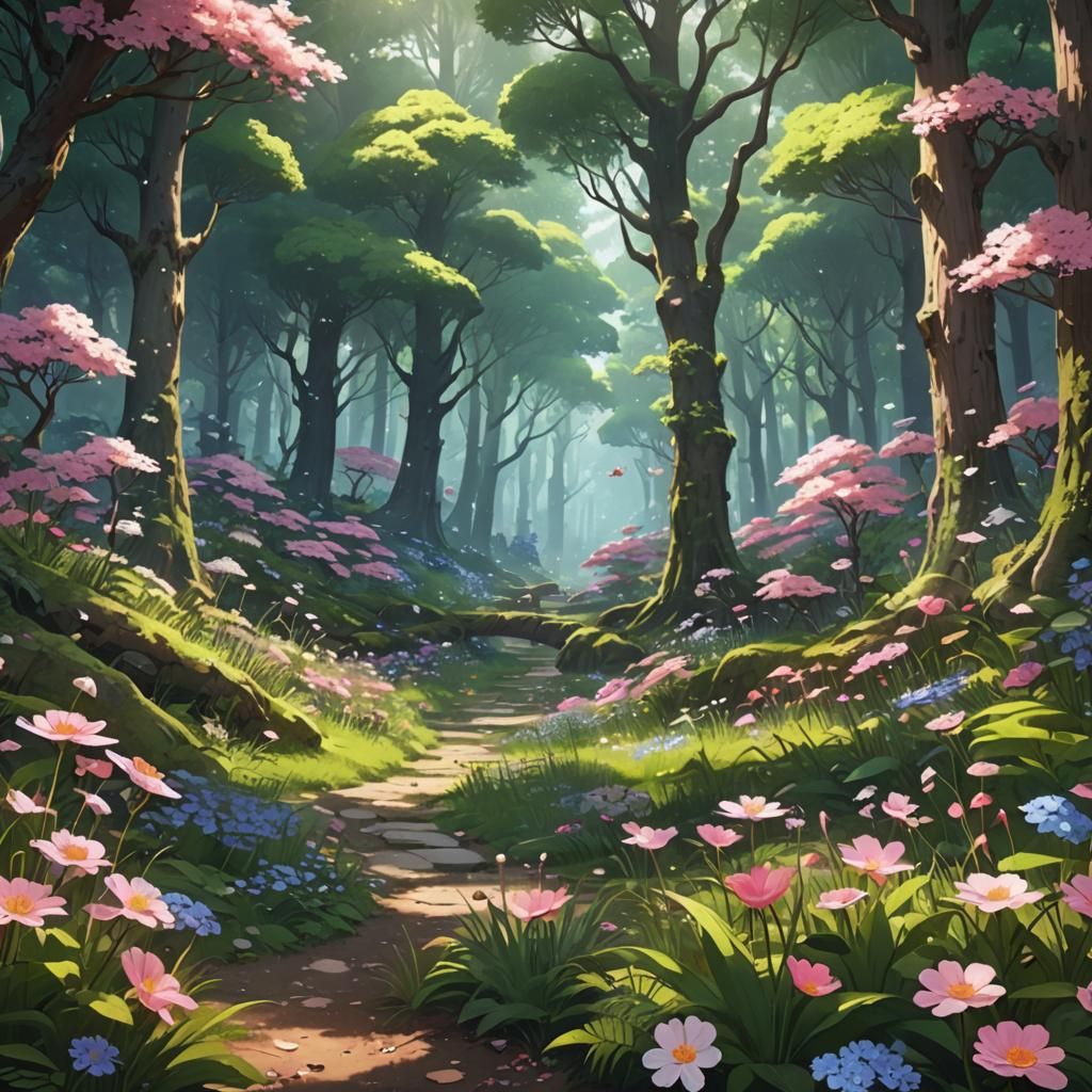 Blooming Flowers in a Beautiful 3D Anime Forest