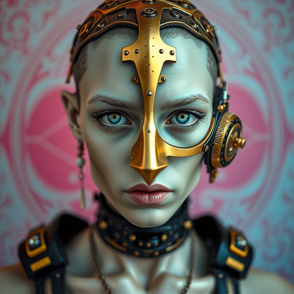 Biopunk Androgyne with Mechanical Mask in Cyberpunk Style