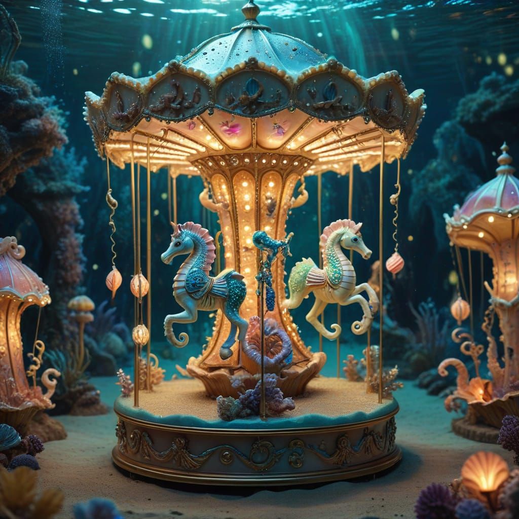 Whimsical Seashell Carousel With Glittering Seahorses Underw...