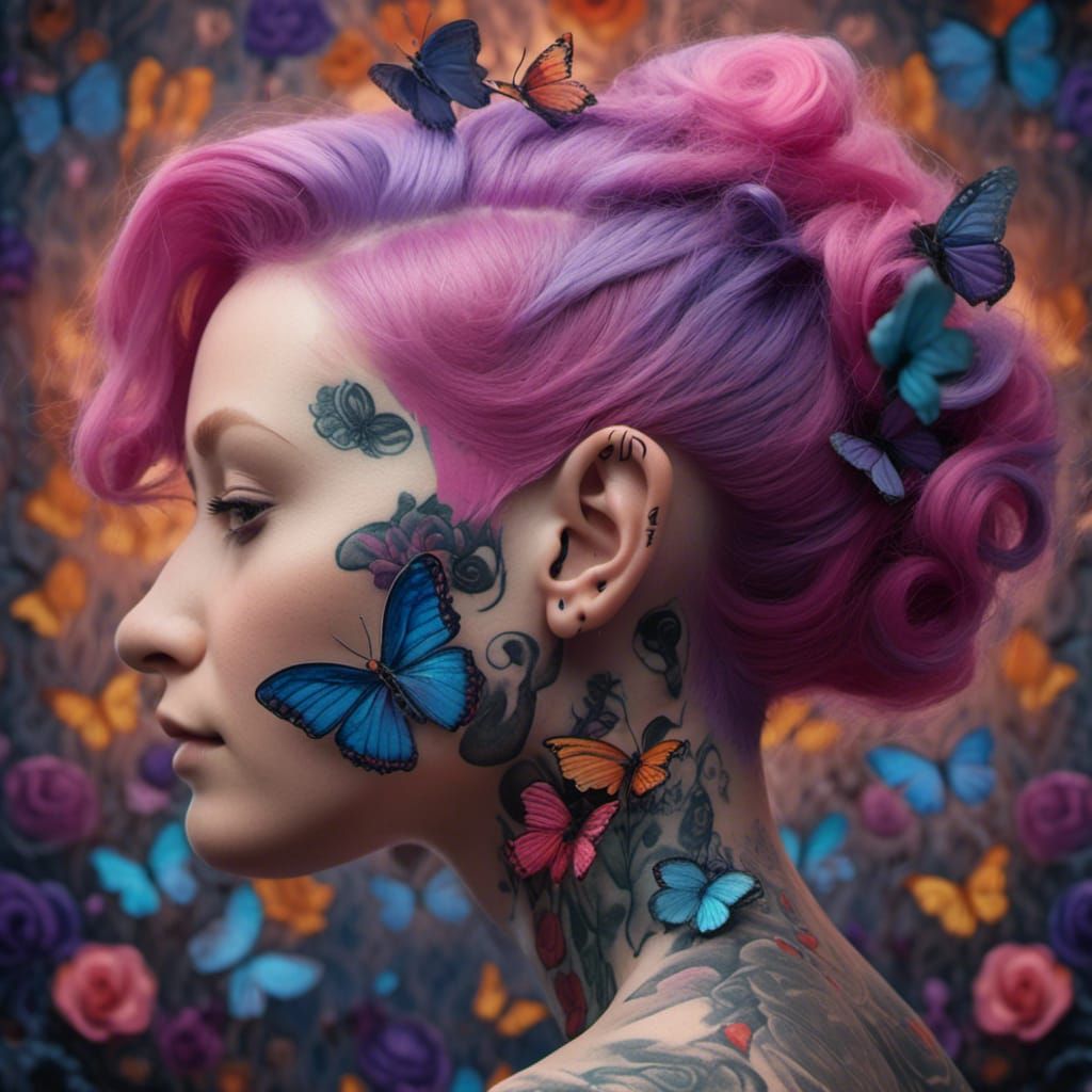 Woman with Butterfly Tattoos in Digital Painting Style