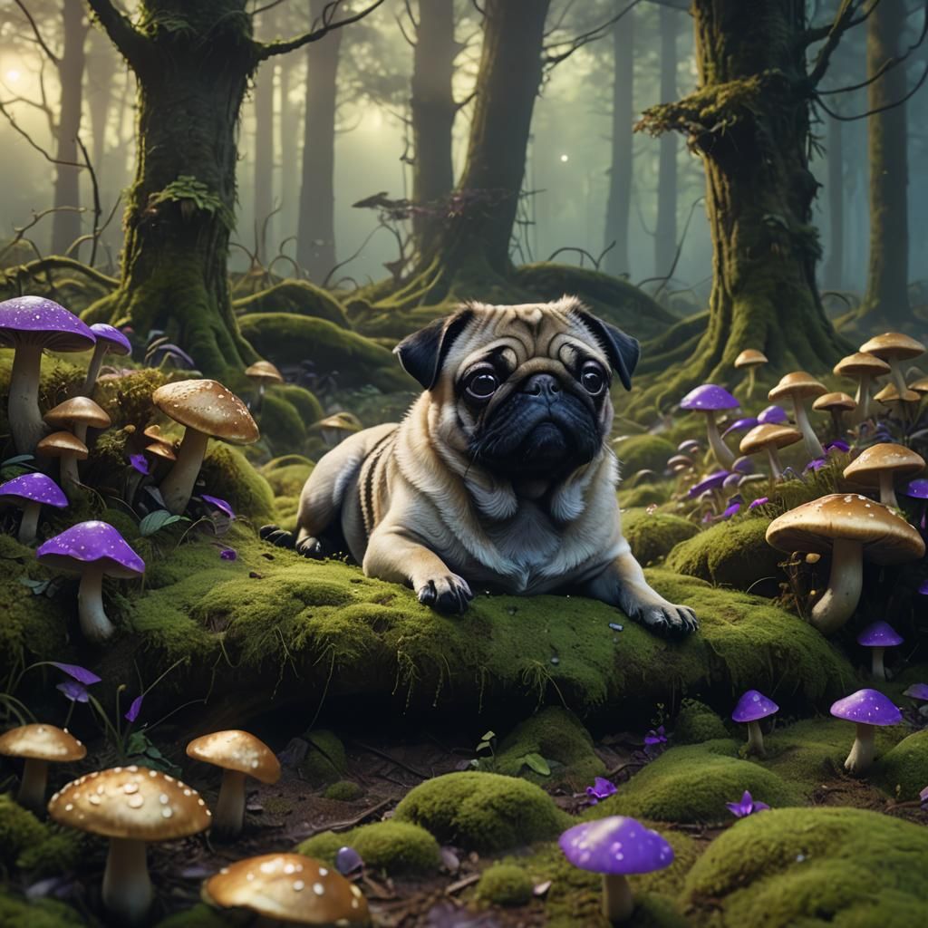 Pug Sleeping in a Mystical Forest