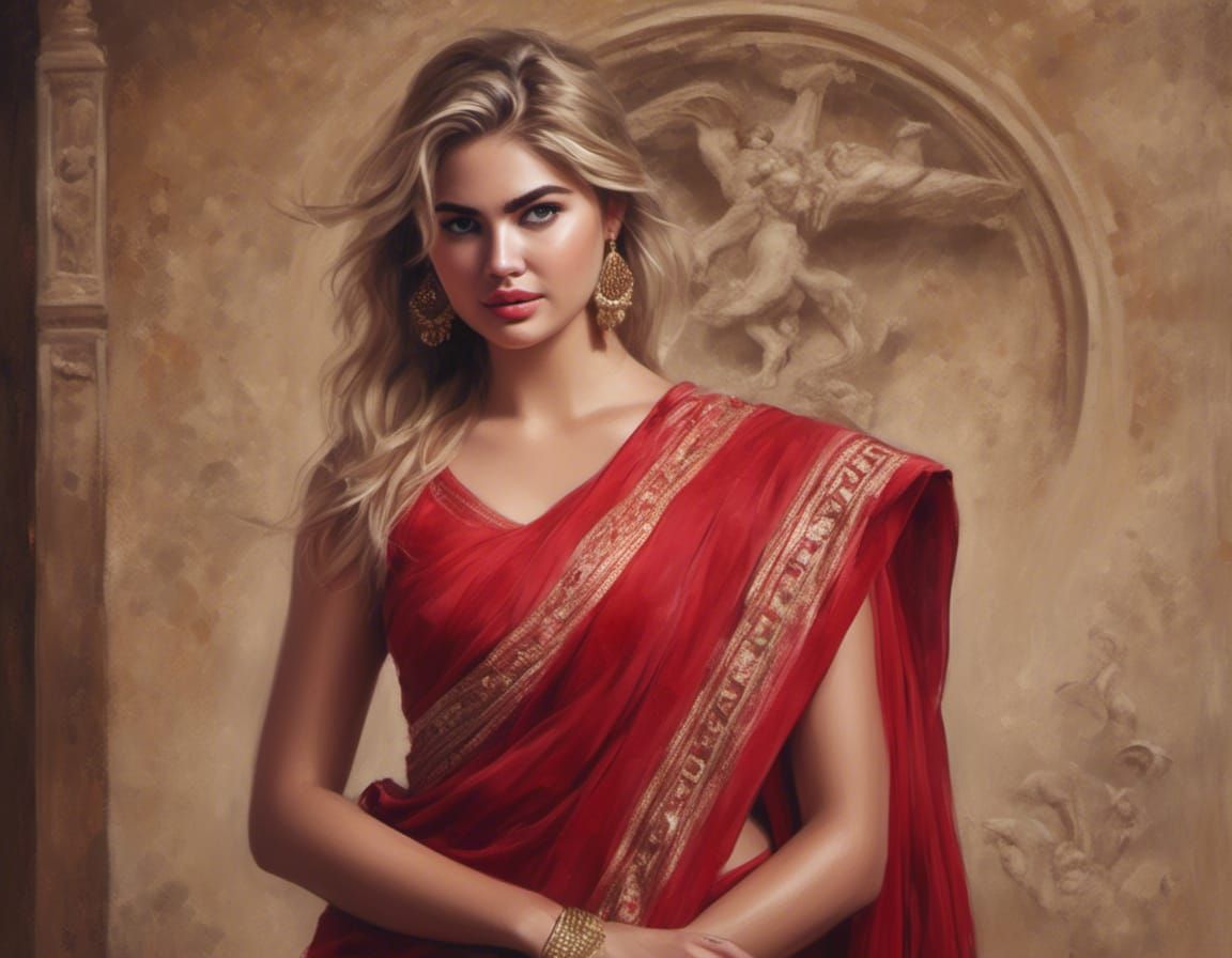Kate Upton in Red Saree, Detailed Oil Painting