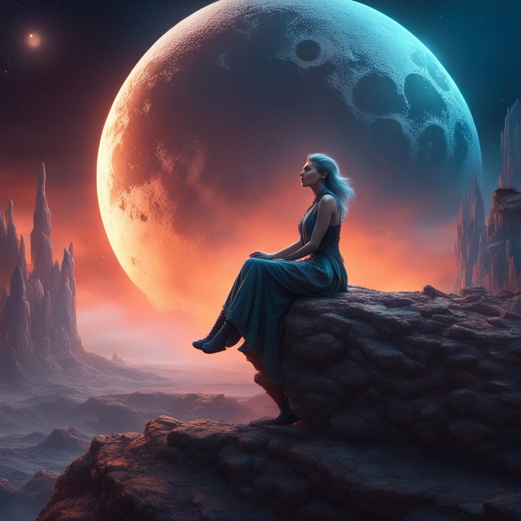 Woman on Moon Gazing at Raging Cosmos
