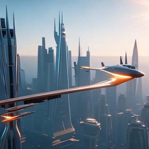 High-Tech Aircraft Flies Through Futuristic City