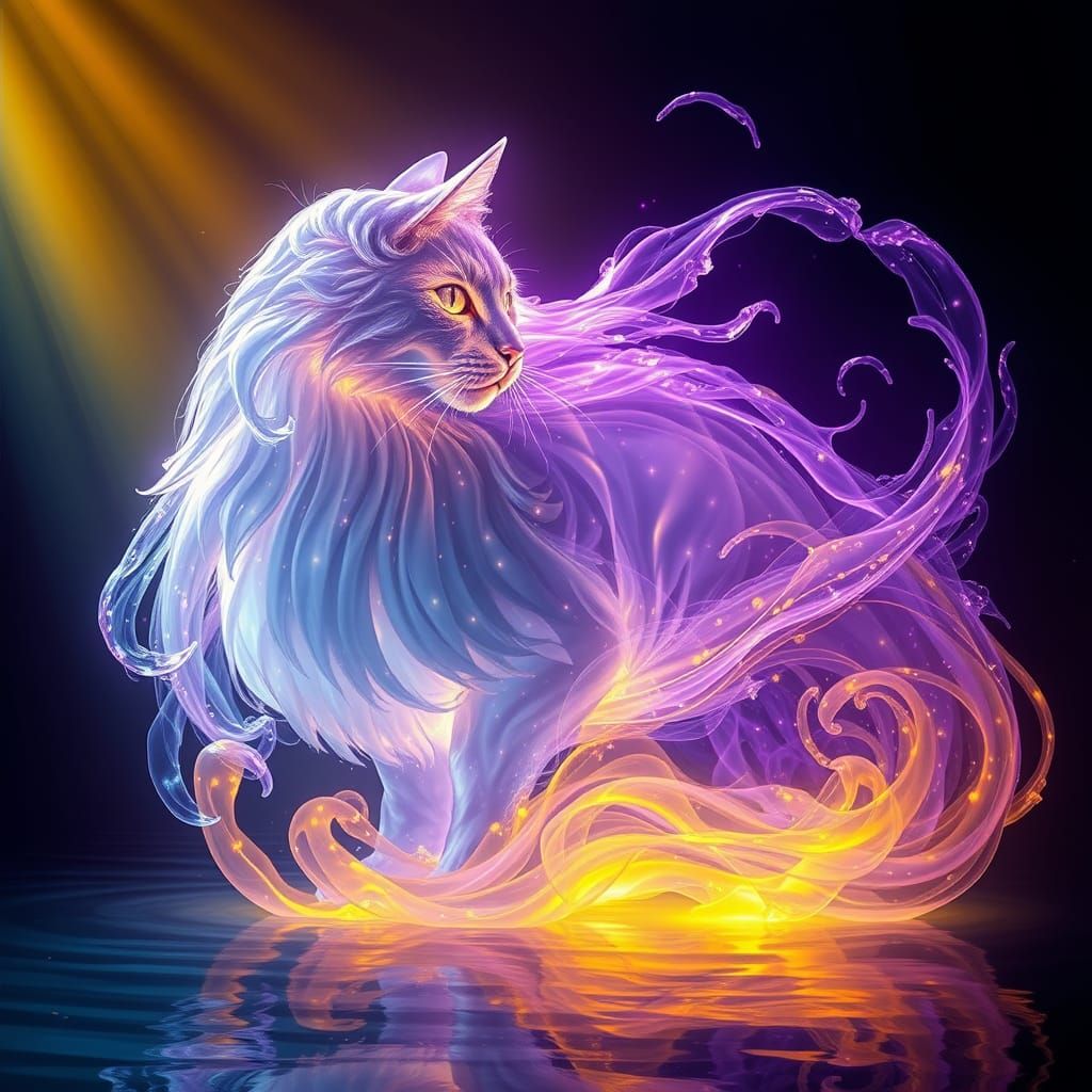 Ethereal Feline Goddess in Crystal Water, Art Nouveau Style