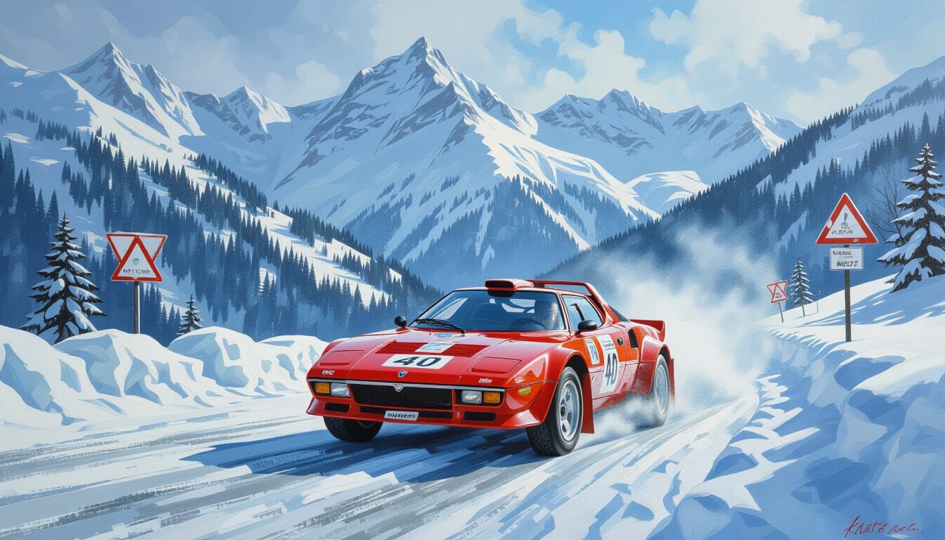 Red Lancia Stratos Rally Car Powers Through Snowy Alps