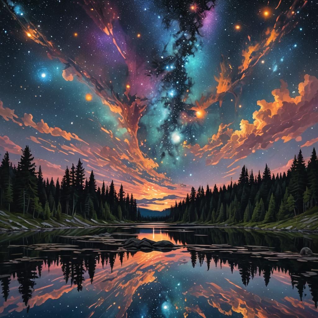 Cosmic Night Sky Reflected in Lake