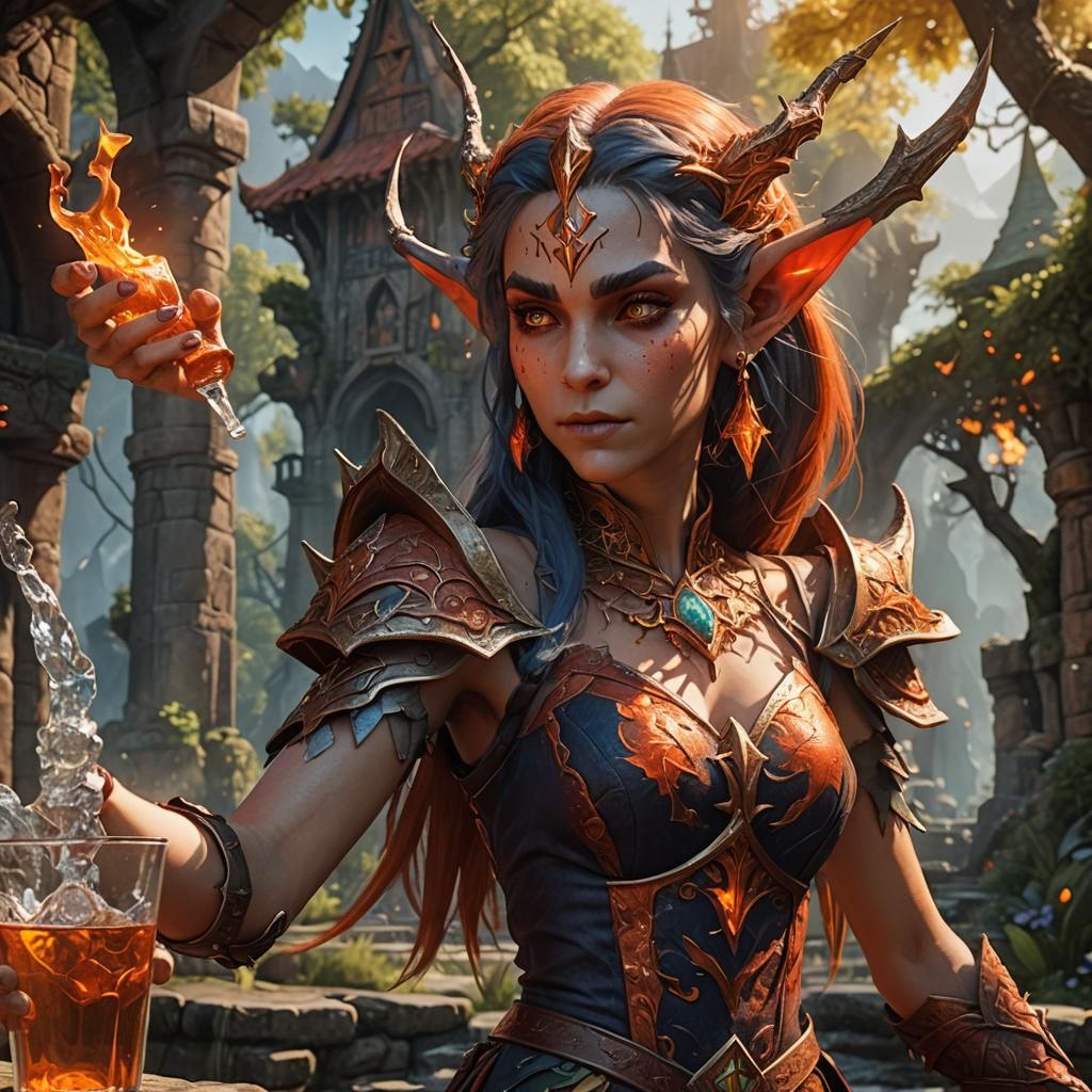 Fiery Elf Takes a Shot: Detailed Matte Painting