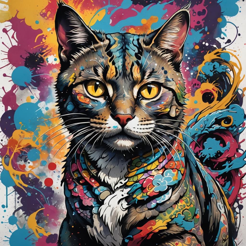 Japanese Cat Portrait with Dragon Tattoo in Graffiti Art