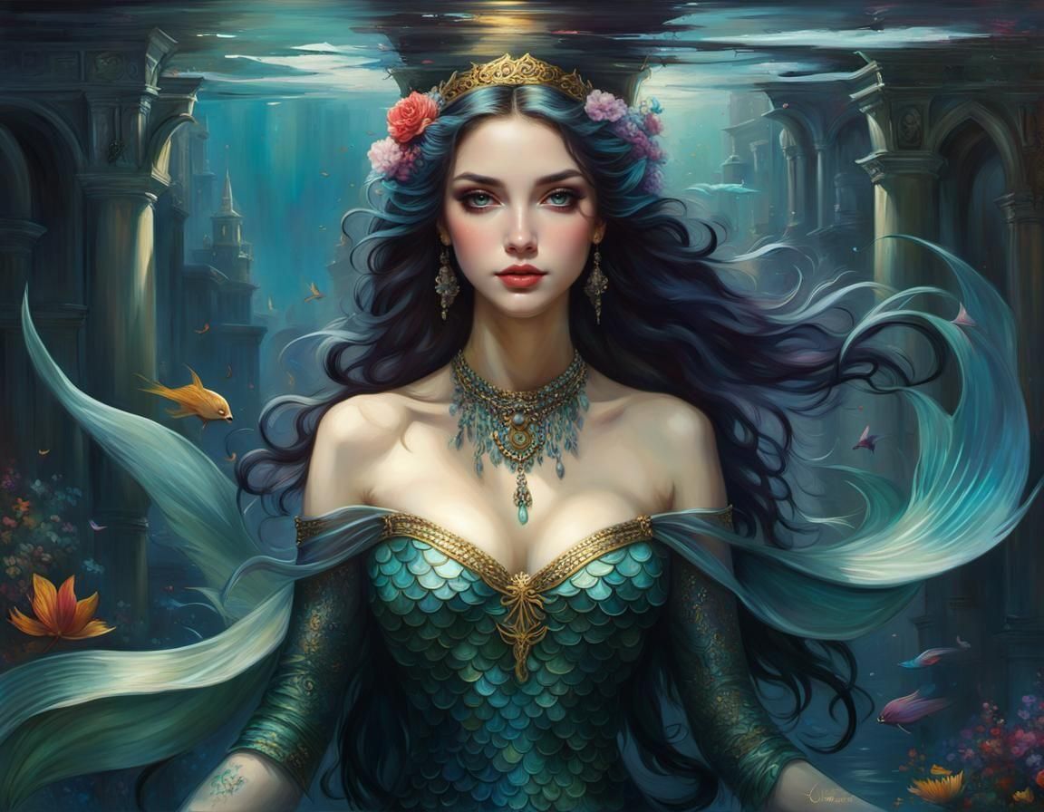 Arcanepunk Mermaid in Fairycore Venice, Oil Painting