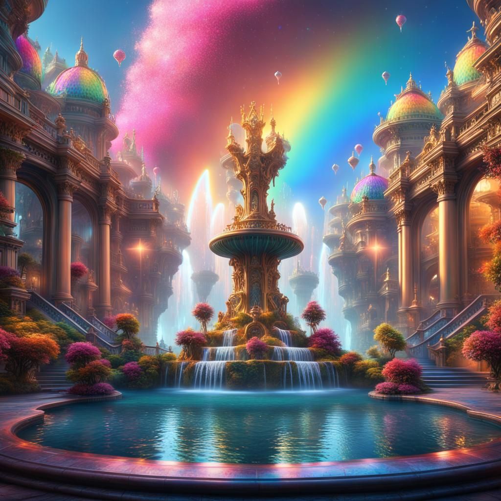 Hypermaximalist AI Mind: Rainbow Fountain in Unreal Engine