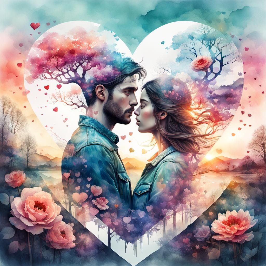 Romantic Double Exposure Valentine Landscape in Watercolor S...
