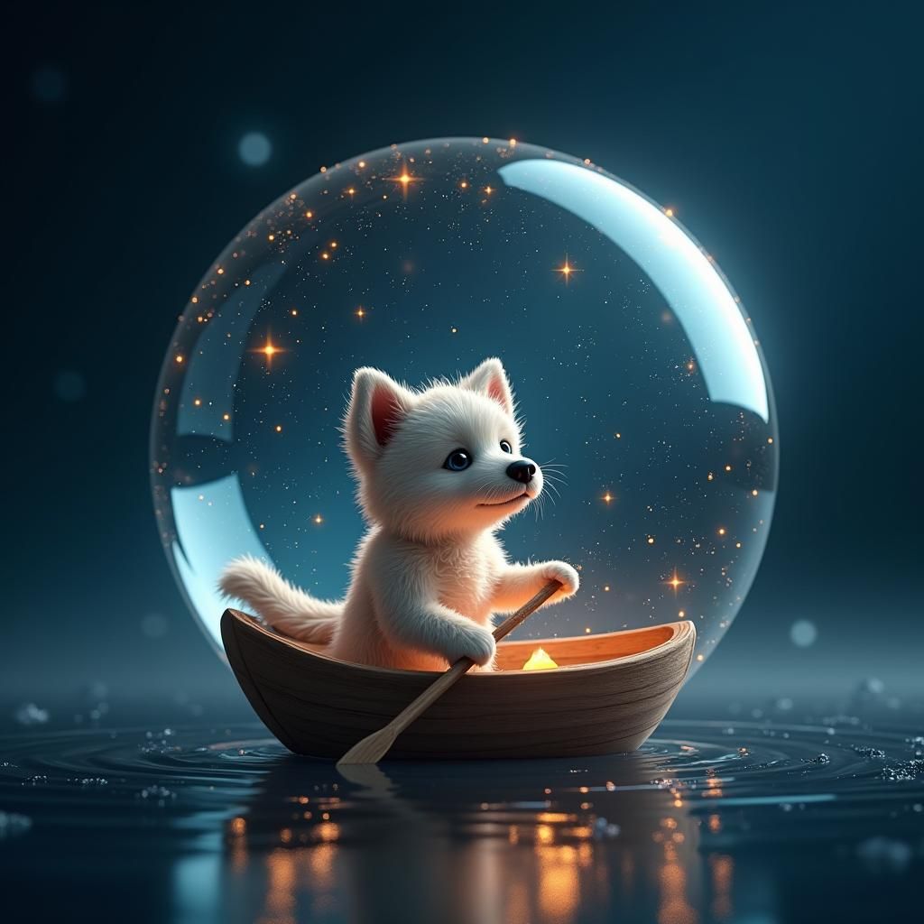 Dog in Orb Under Starry Sky: Digital Art
