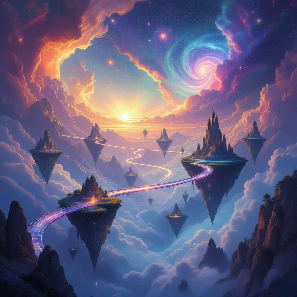 Ethereal Beings on Floating Islands with Light Bridges