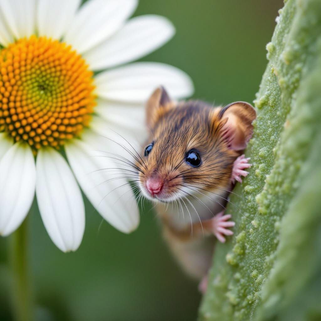 Tiny Mouse Peeking from Behind Flower