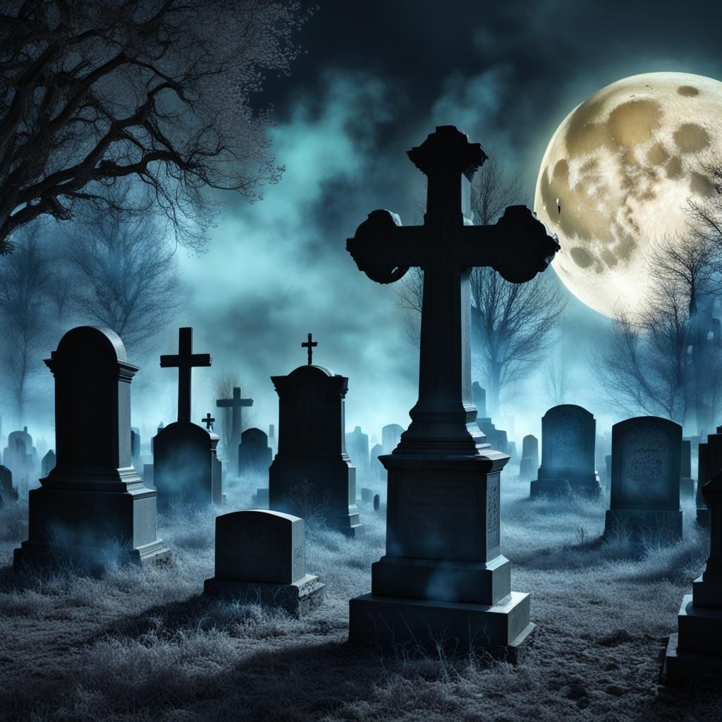 Glowing Cemetery with Bioluminescent Moon and Ethereal Smoke