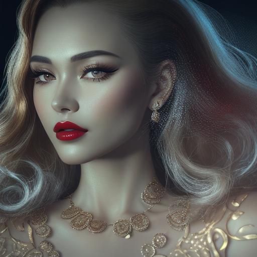 Photorealistic Woman with Red Lips in Pin-Up Style