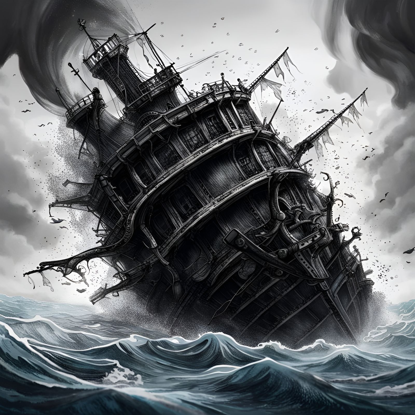 Monochrome Ink Drawing of a Sinking Ship