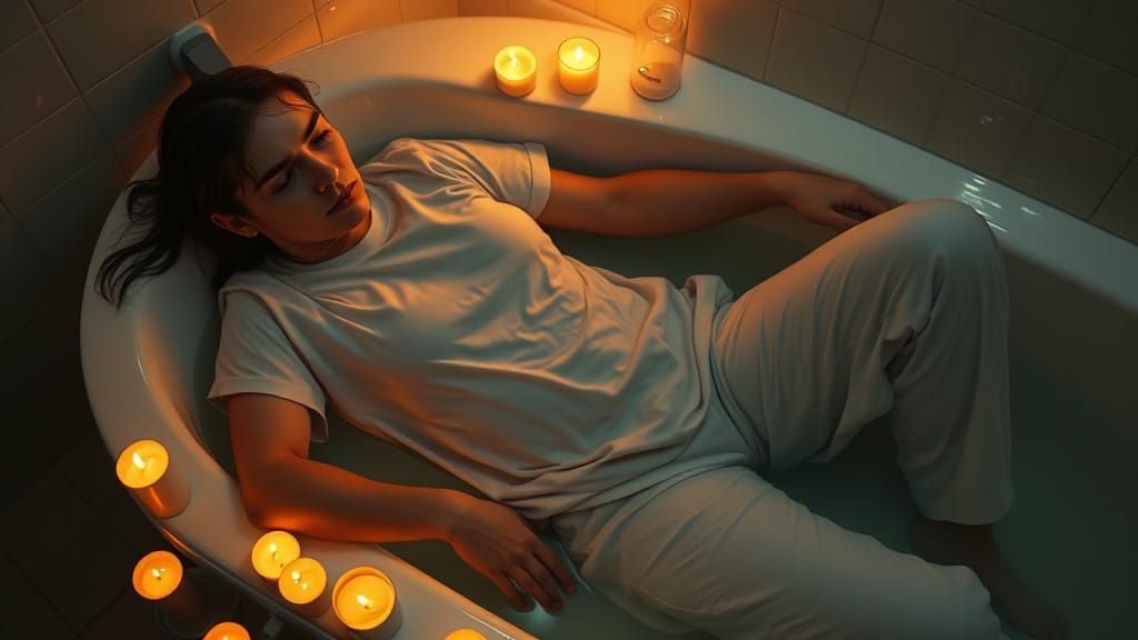 Serenely Soaking Ukrainian Woman in Candlelit Bath