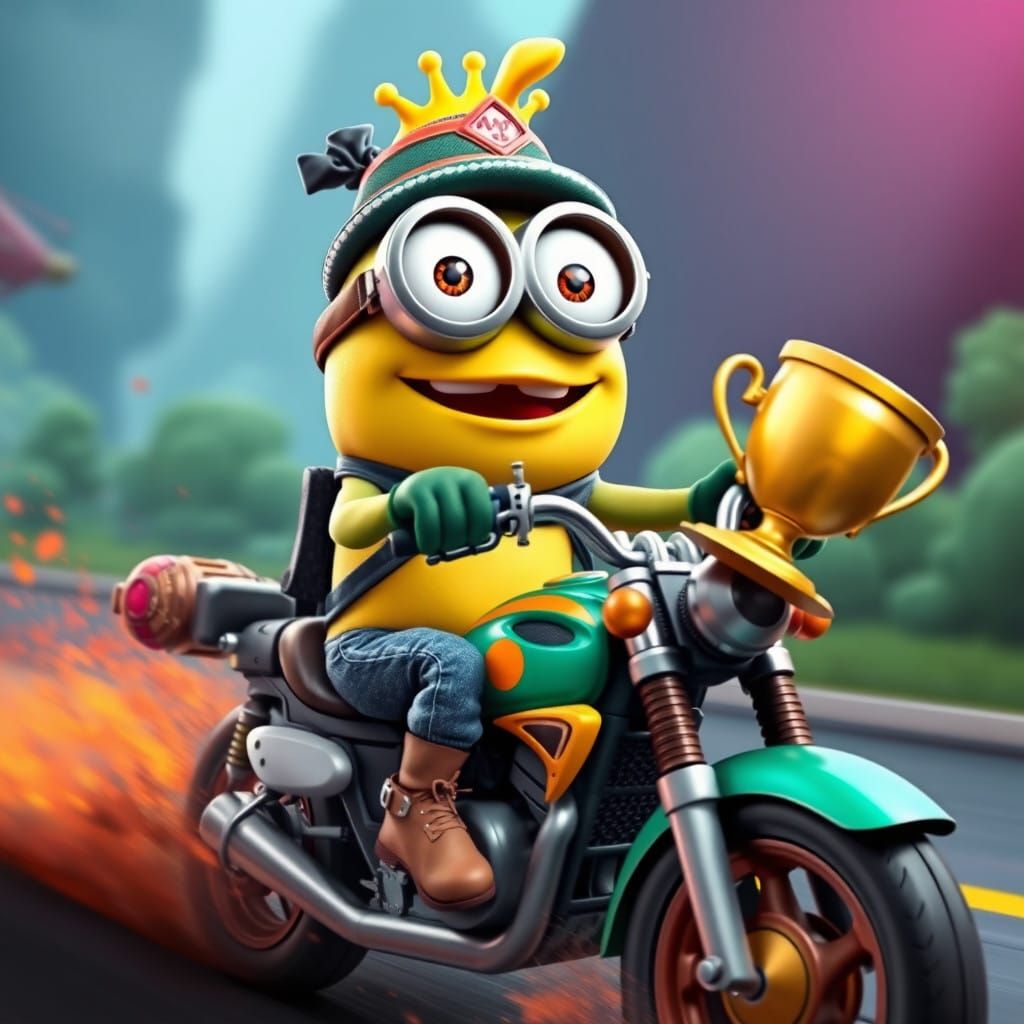 Funny Minion Frog Rides Motorcycle in Fantasy Splash Screen