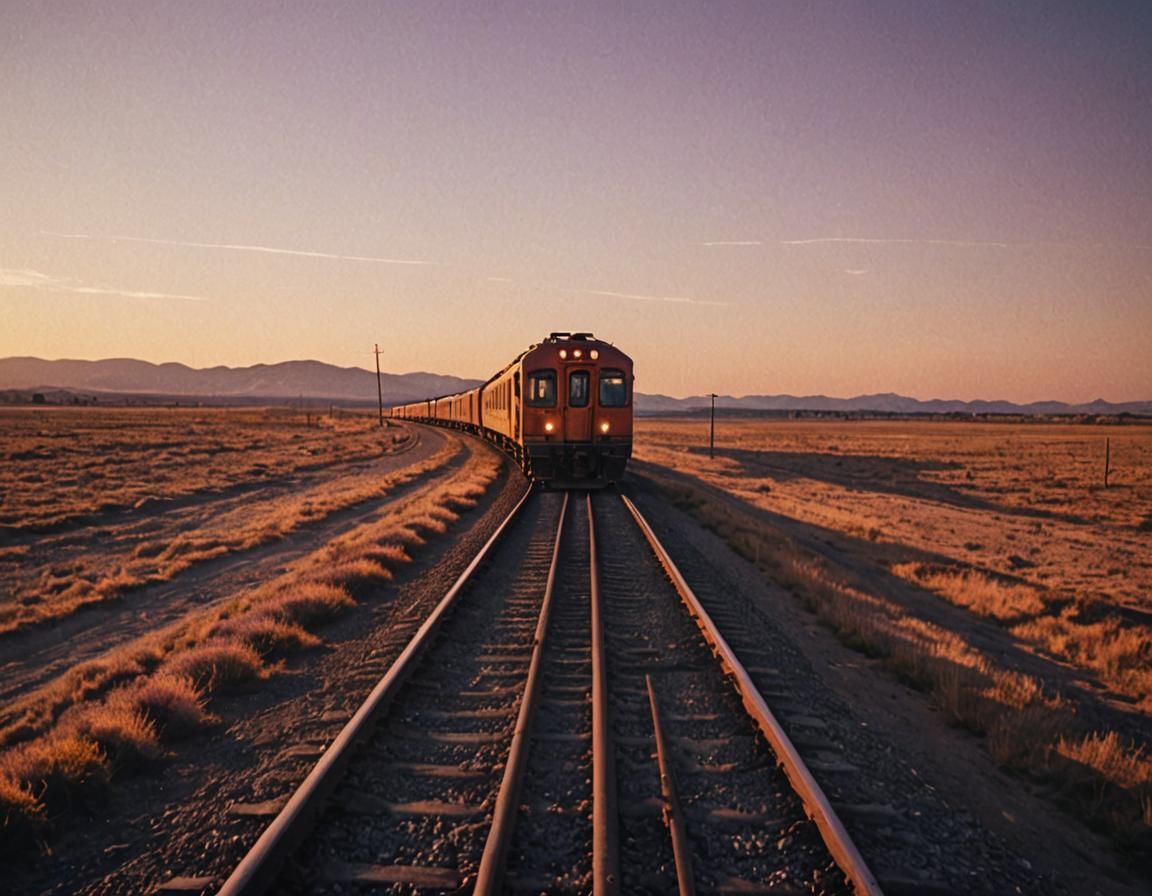 Train Gleaming in Setting Sun: Cinematic Film Still