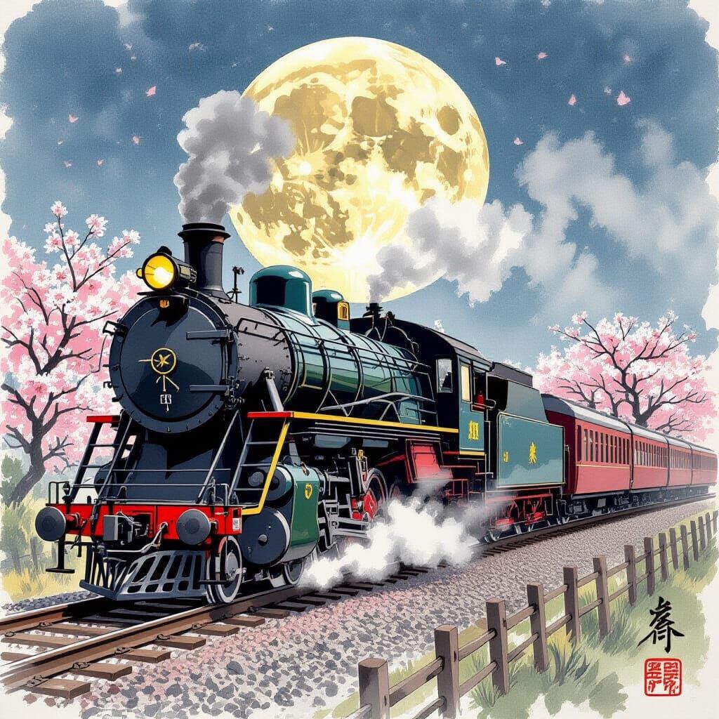 Steam Engine Under Moon in Japanese Inksplash Style
