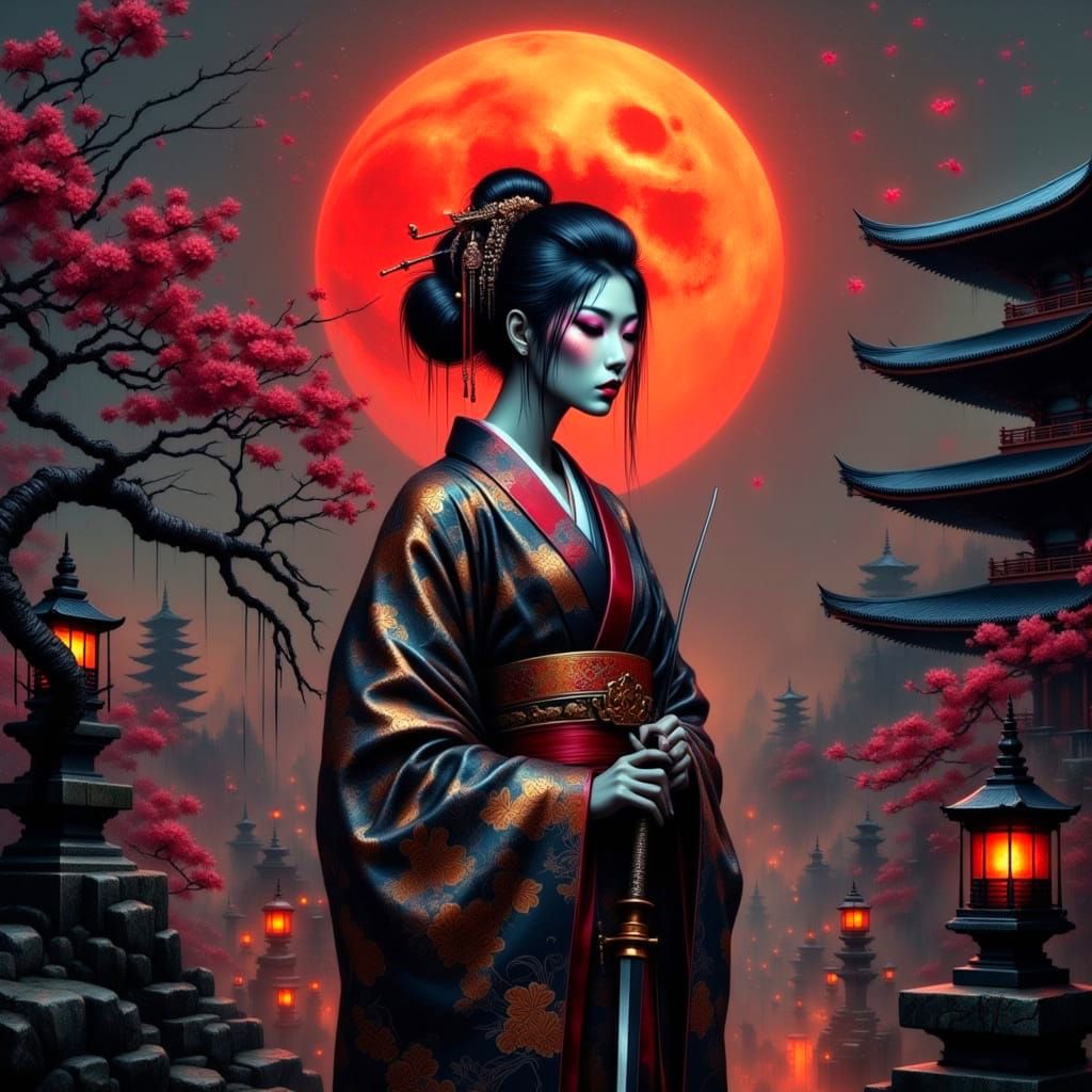 Elegant Geisha Samurai Under Blood-Red Moon
