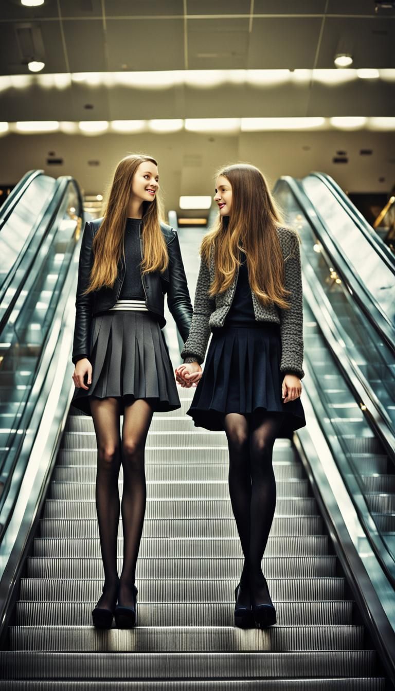 Teenage Girls Holding Hands on Escalator