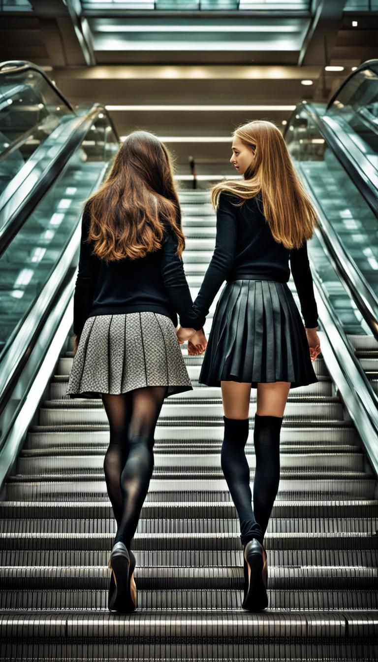Teenage Girls Holding Hands on Escalator