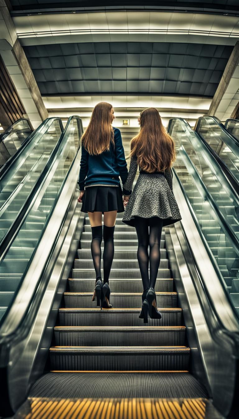 Teenage Girls Holding Hands on Escalator: Hyperrealistic Ima...
