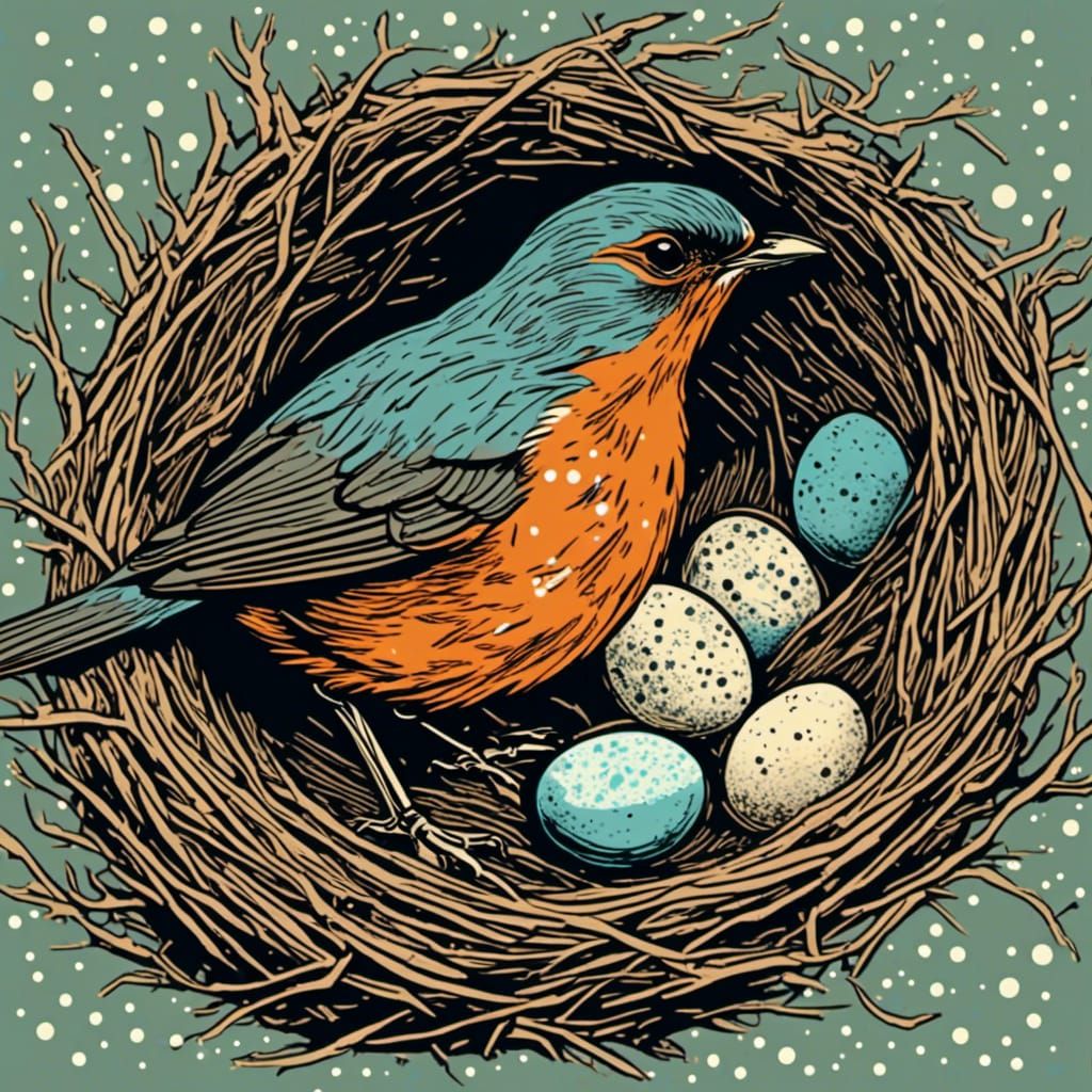 Robin Nesting with Eggs in Screen Print Style