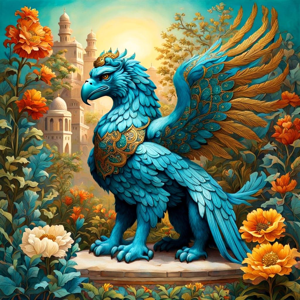 Griffin Guarding Treasure in Turkish Miniature Style