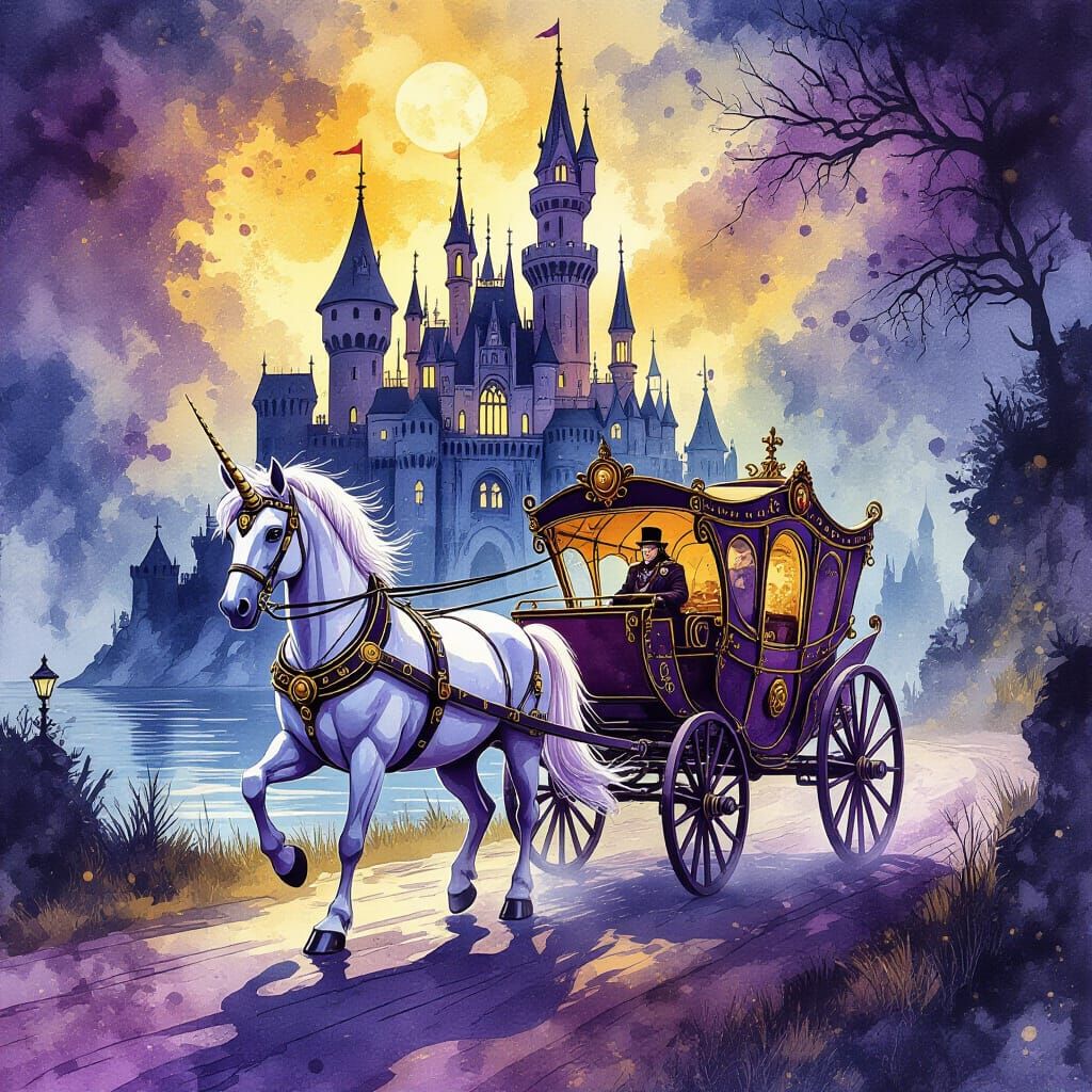 Steampunk Unicorn Pulls Carriage in Watercolor Style