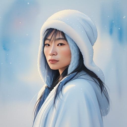 Eskimo Woman in Snowy Sunset Watercolor Painting