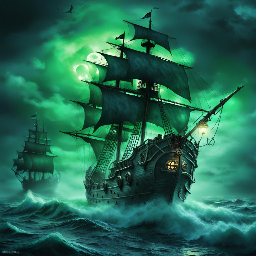 Ghostly Pirate Ship Sails Stormy Sea in Dark Fantasy Art