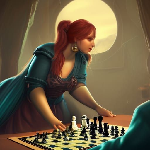 Girl Playing Chess in Detailed Fantasy Art Style