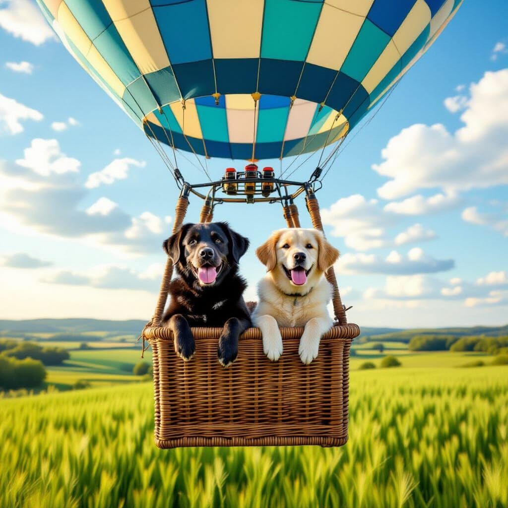Dogs Soar in Hot Air Balloon Over Fields